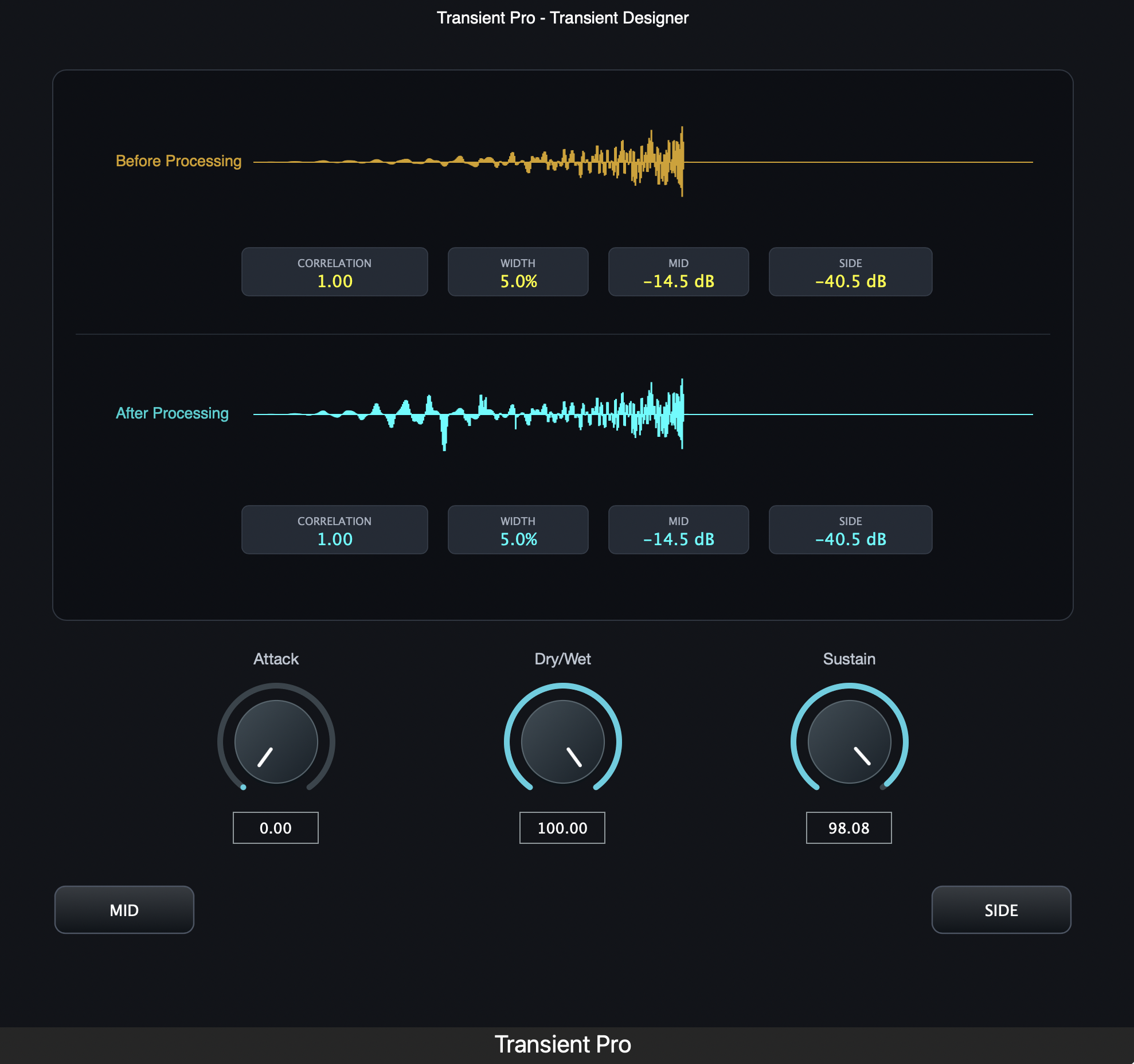 Screenshot of Dortran audio plugin interface with transient shaping controls